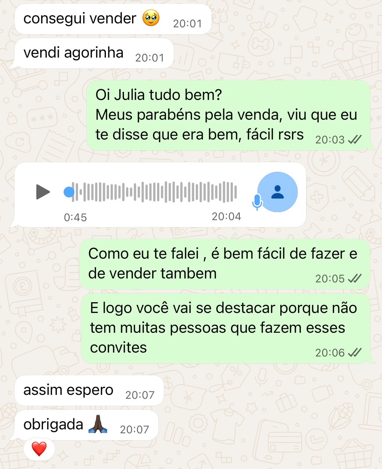 Conversa real celebrando a primeira venda de um convite