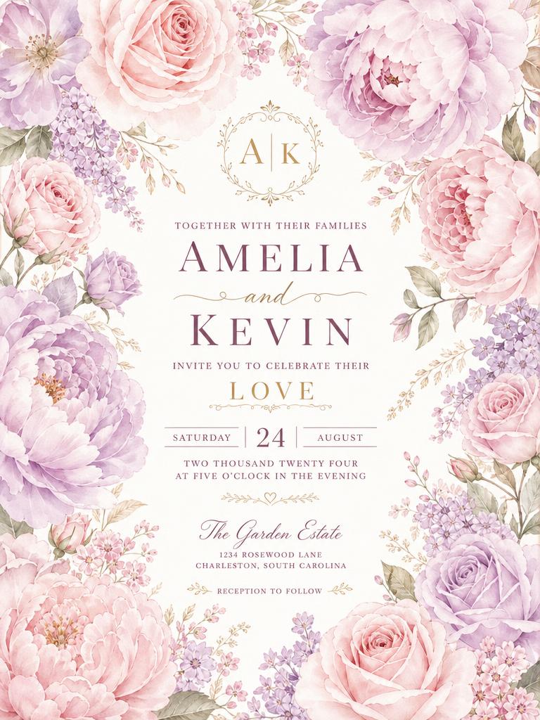 Convite floral com rosas e peônias em aquarela